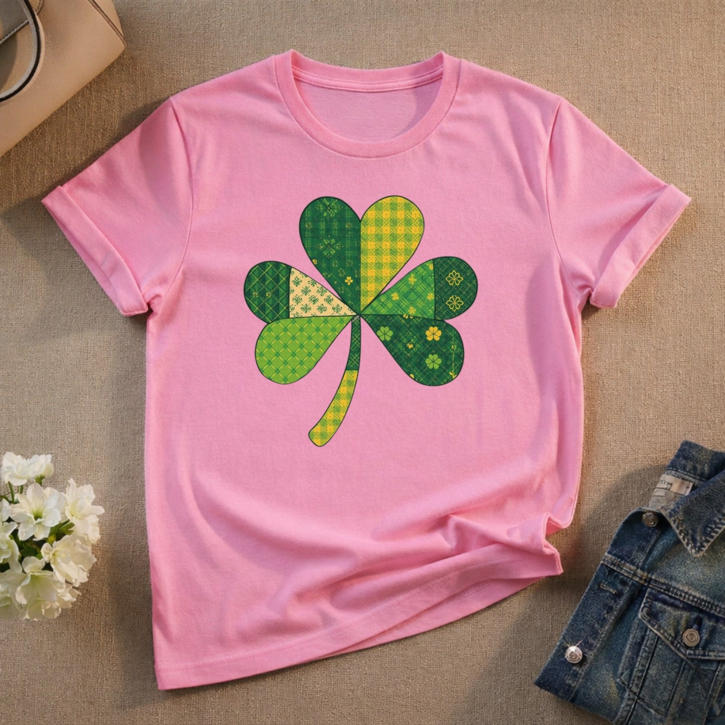 Pink T-Shirt with Green Clover Graphic Design Shirt