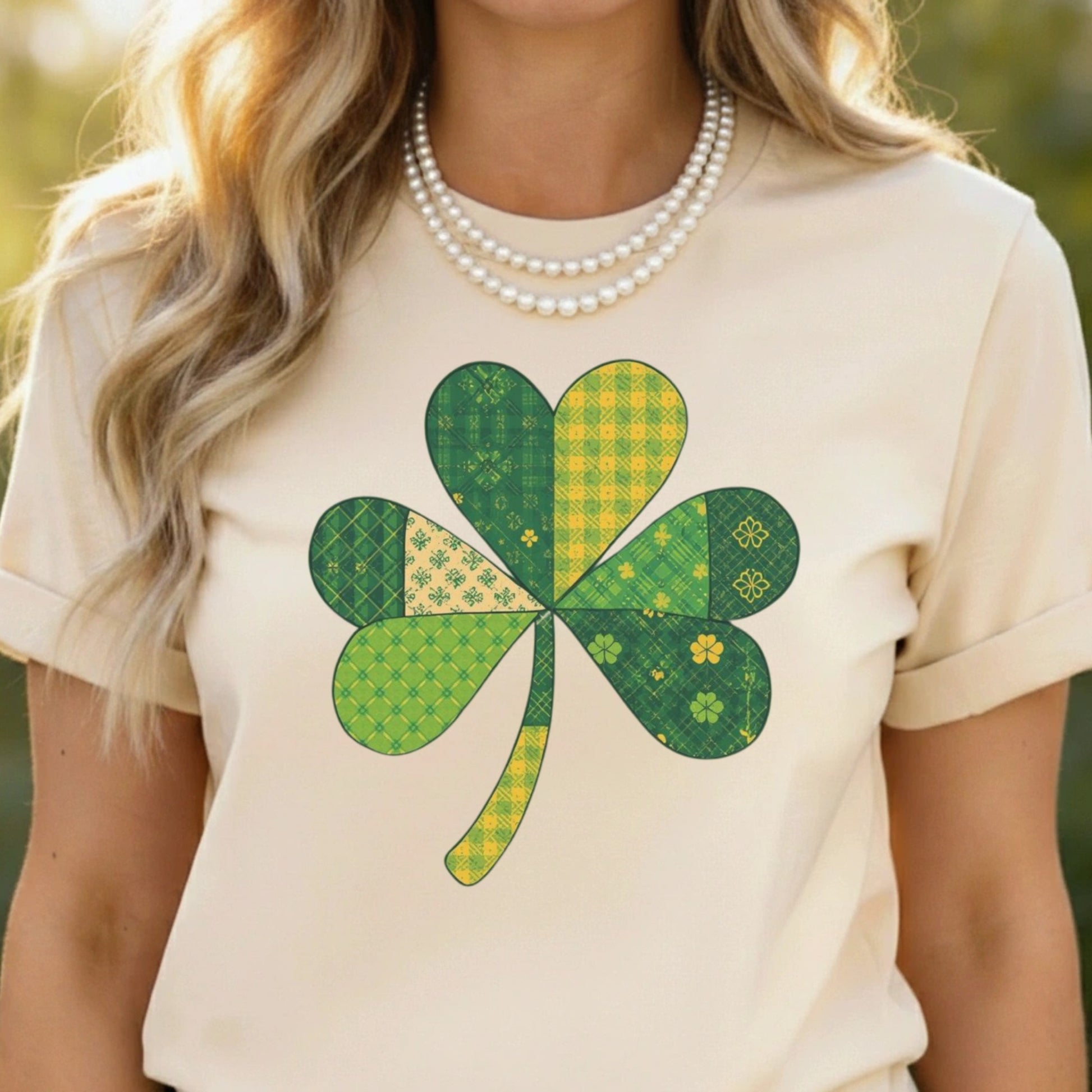 Patchwork Clover Graphic Tee with Unique Design