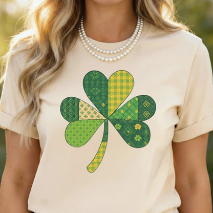 Patchwork Clover Graphic Tee with Unique Design