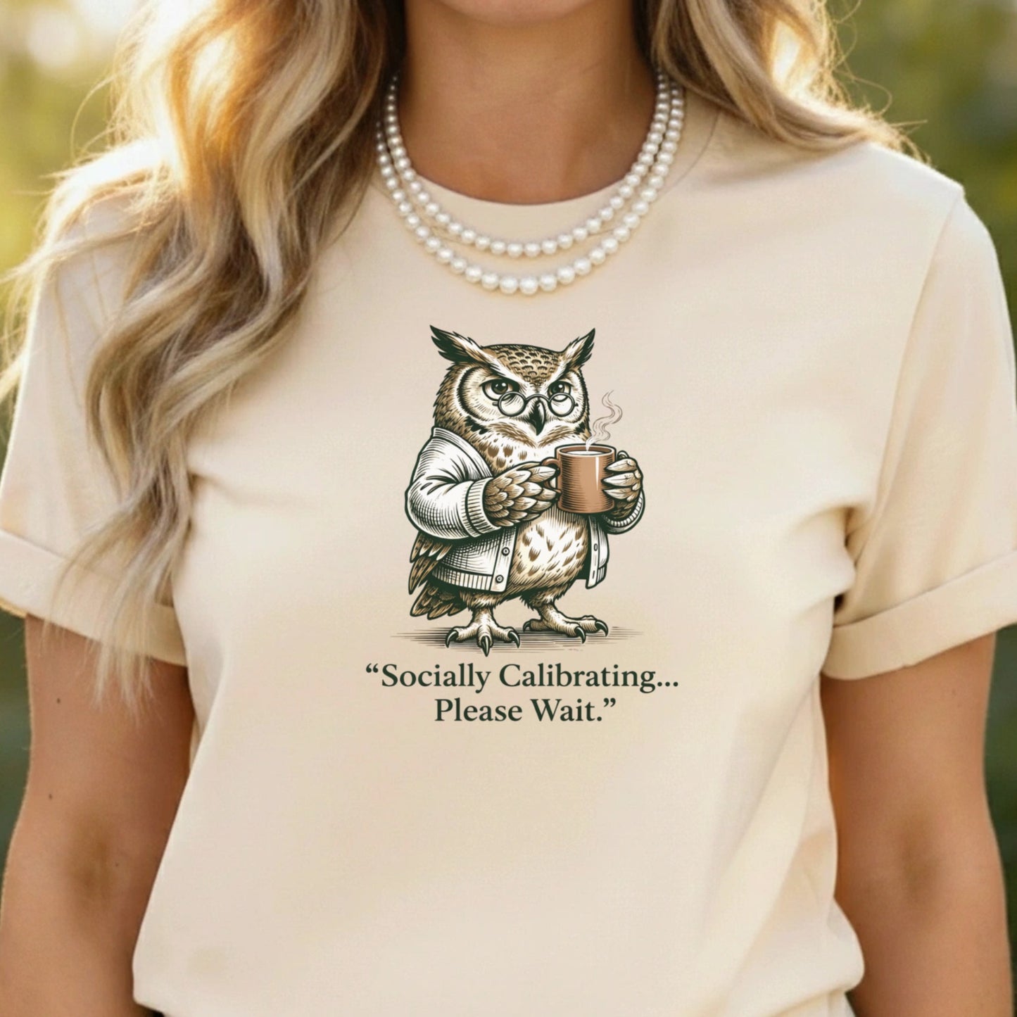 Socially Calibrating Owl with Coffee Graphic T-Shirt