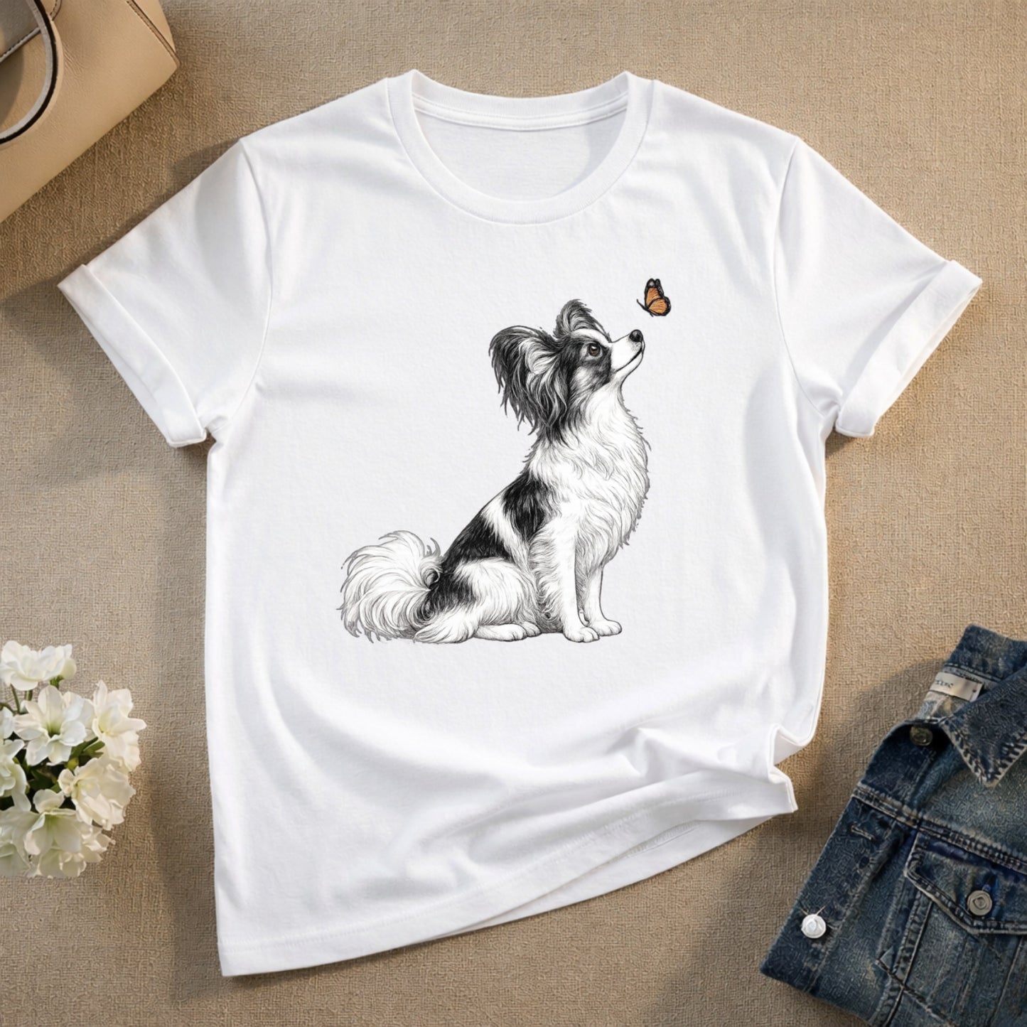 Cute Papillon Dog with Butterfly Graphic T-Shirt