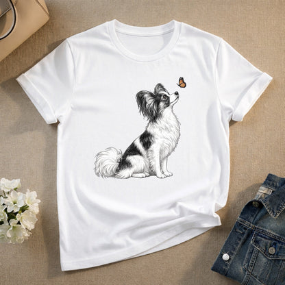 Cute Papillon Dog with Butterfly Graphic T-Shirt