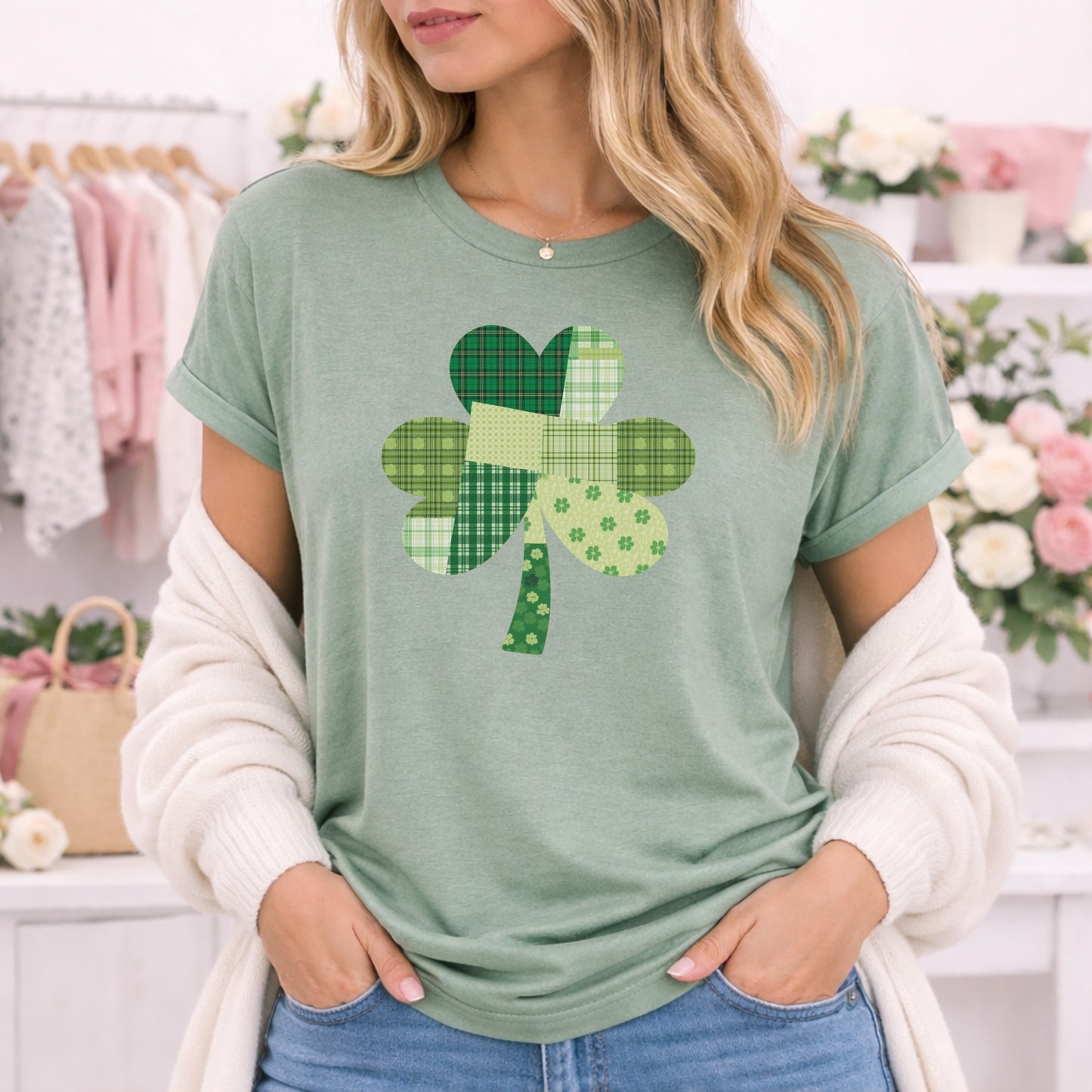Cute Green Shamrock Patchwork Design Shirt for St. Patrick's Day