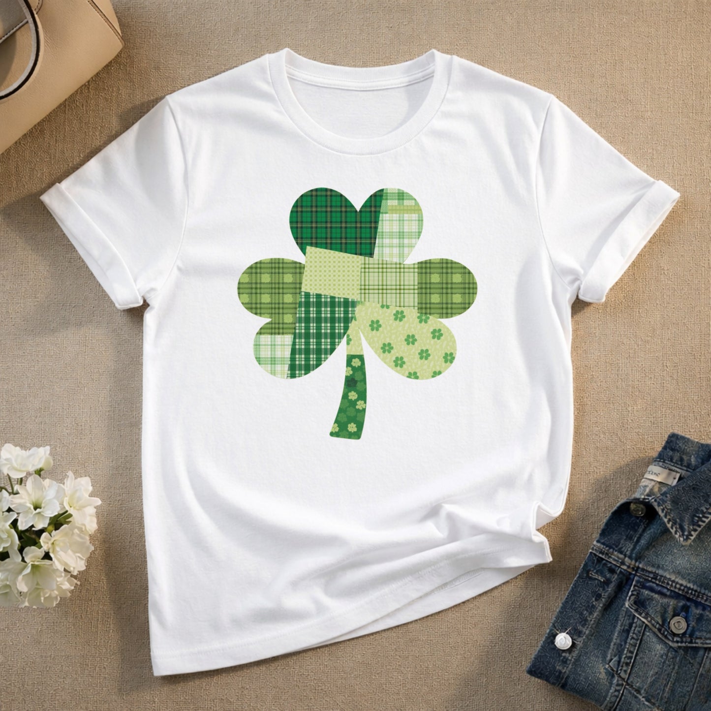Lucky Green Patchwork Clover Graphic Tee Shirt
