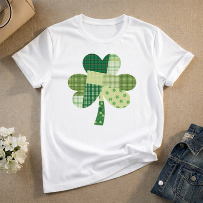 Lucky Green Patchwork Clover Graphic Tee Shirt