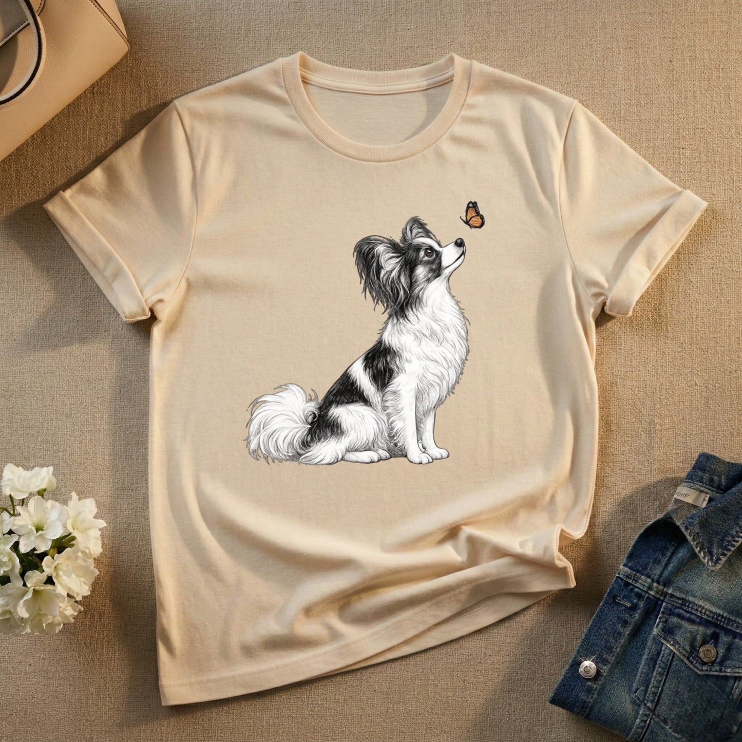 Cute Papillon Dog and Butterfly Graphic T-Shirt