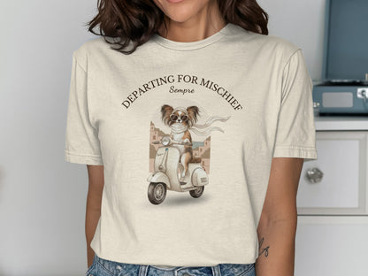 Departing for Mischief Sempre Dog on Scooter T-Shirt