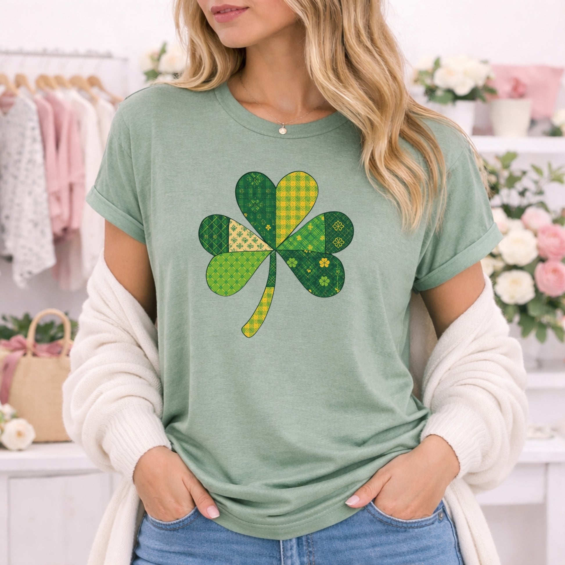 Green Shamrock Patchwork Graphic Tee Shirt