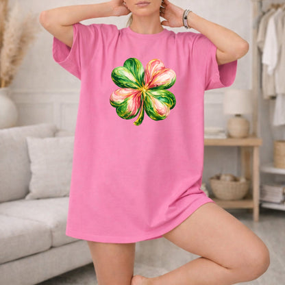 Pink Shirt with Green and Pink Four Leaf Clover Design