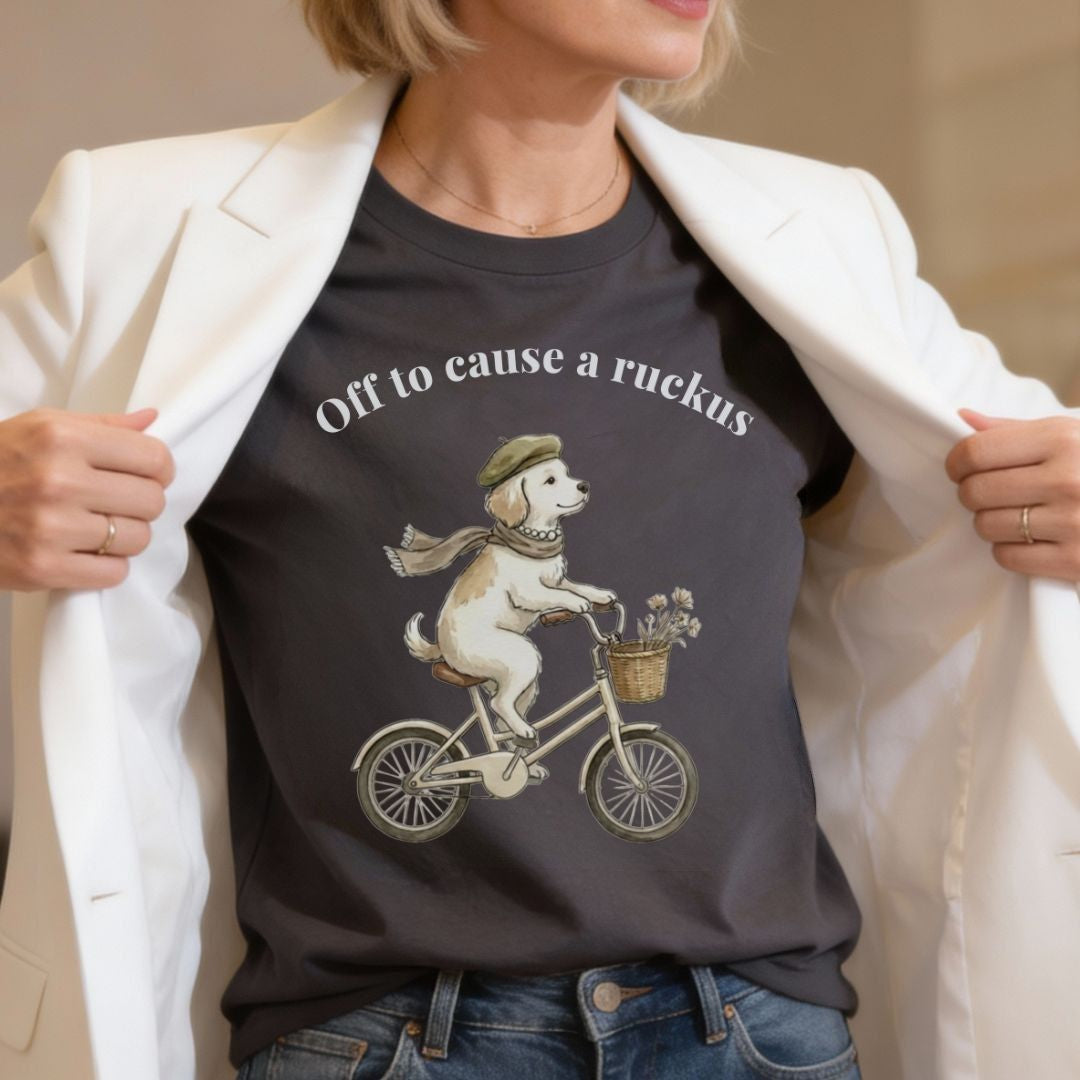 Off to Cause a Ruckus — Funny Dog Graphic, Vintage Style Dog Mom T-Shirt