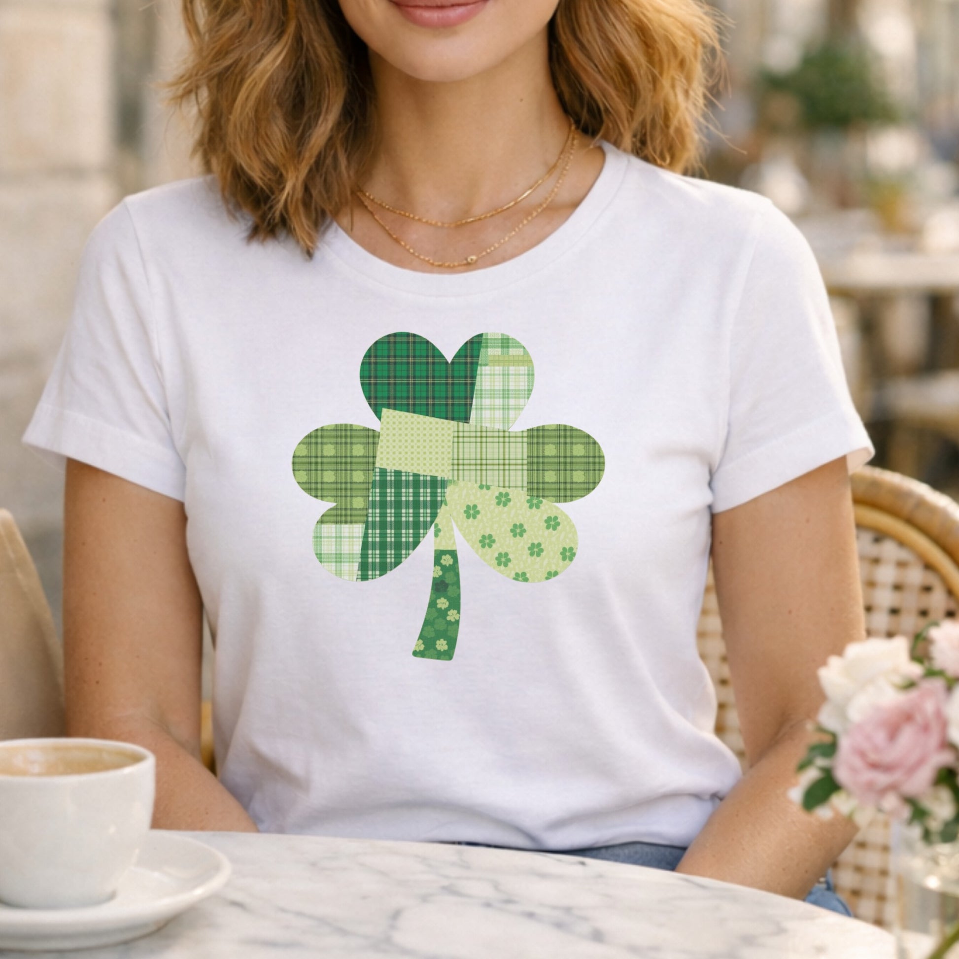 Patchwork Four Leaf Clover Print Graphic Shirt