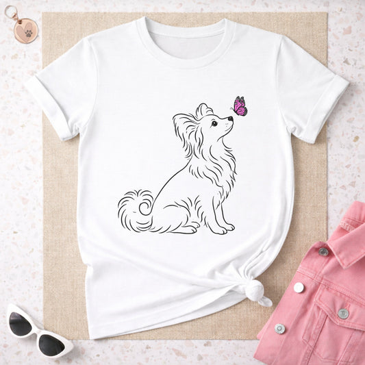 Cute Dog and Butterfly Graphic on White T-Shirt