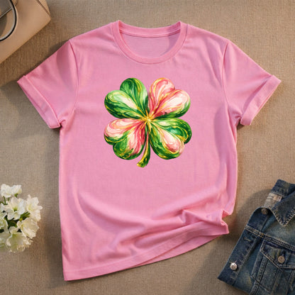 Pink Tee Shirt with Hand Painted Four Leaf Clover Design