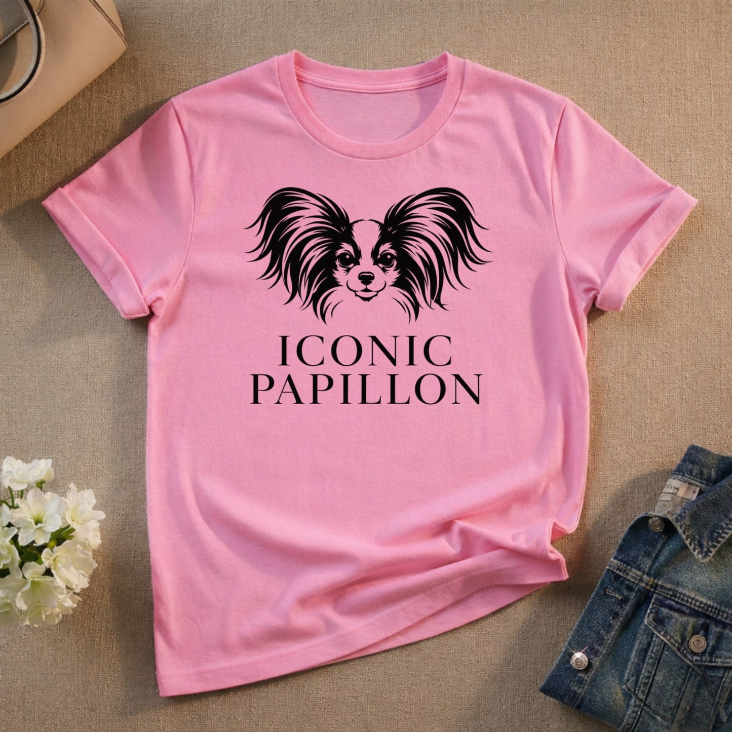 Iconic Papillon Graphic Pink Tee Shirt for Dog Lovers