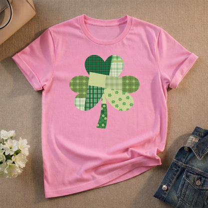 Pink T-shirt with Green Patchwork Shamrock Design