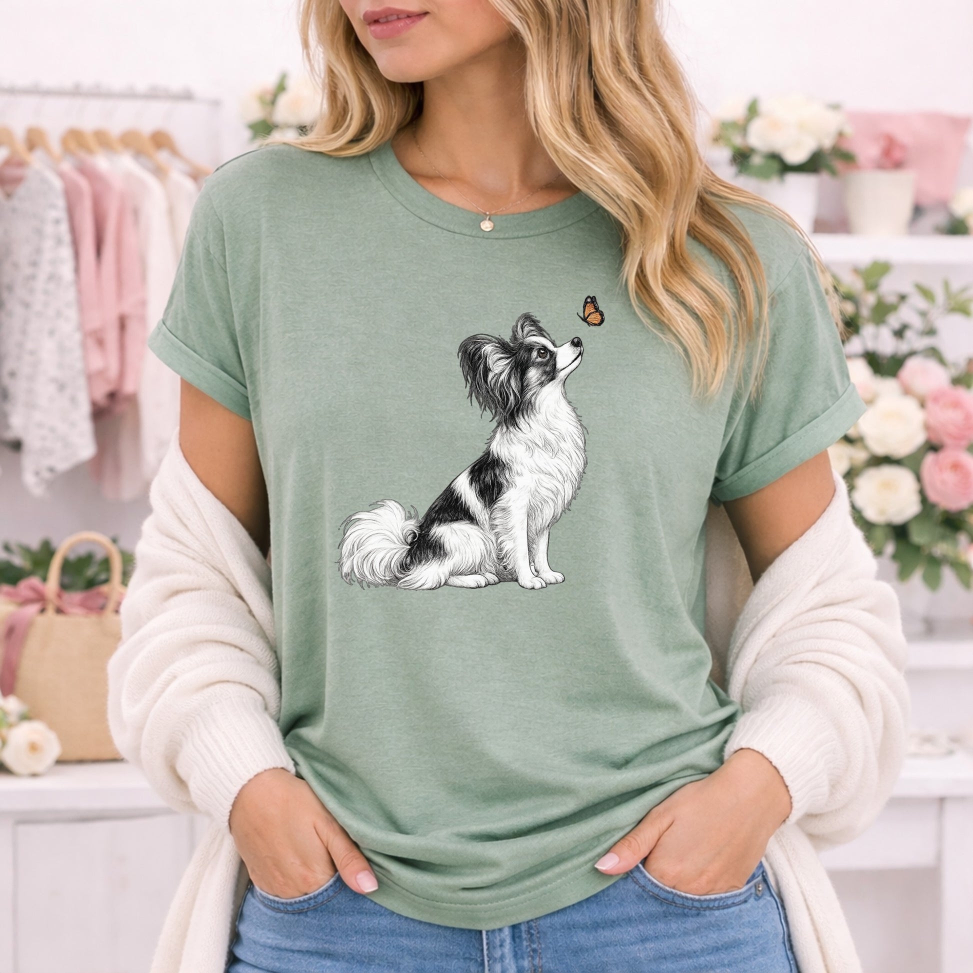Cute Papillon Dog with Butterfly Printed T-Shirt