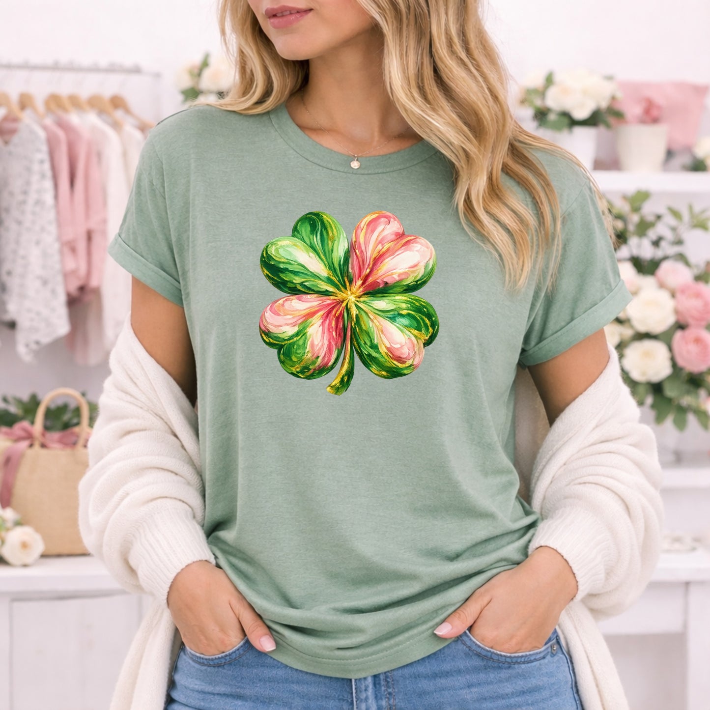 Stylish Green Tee with Colorful Clover Print T-shirt