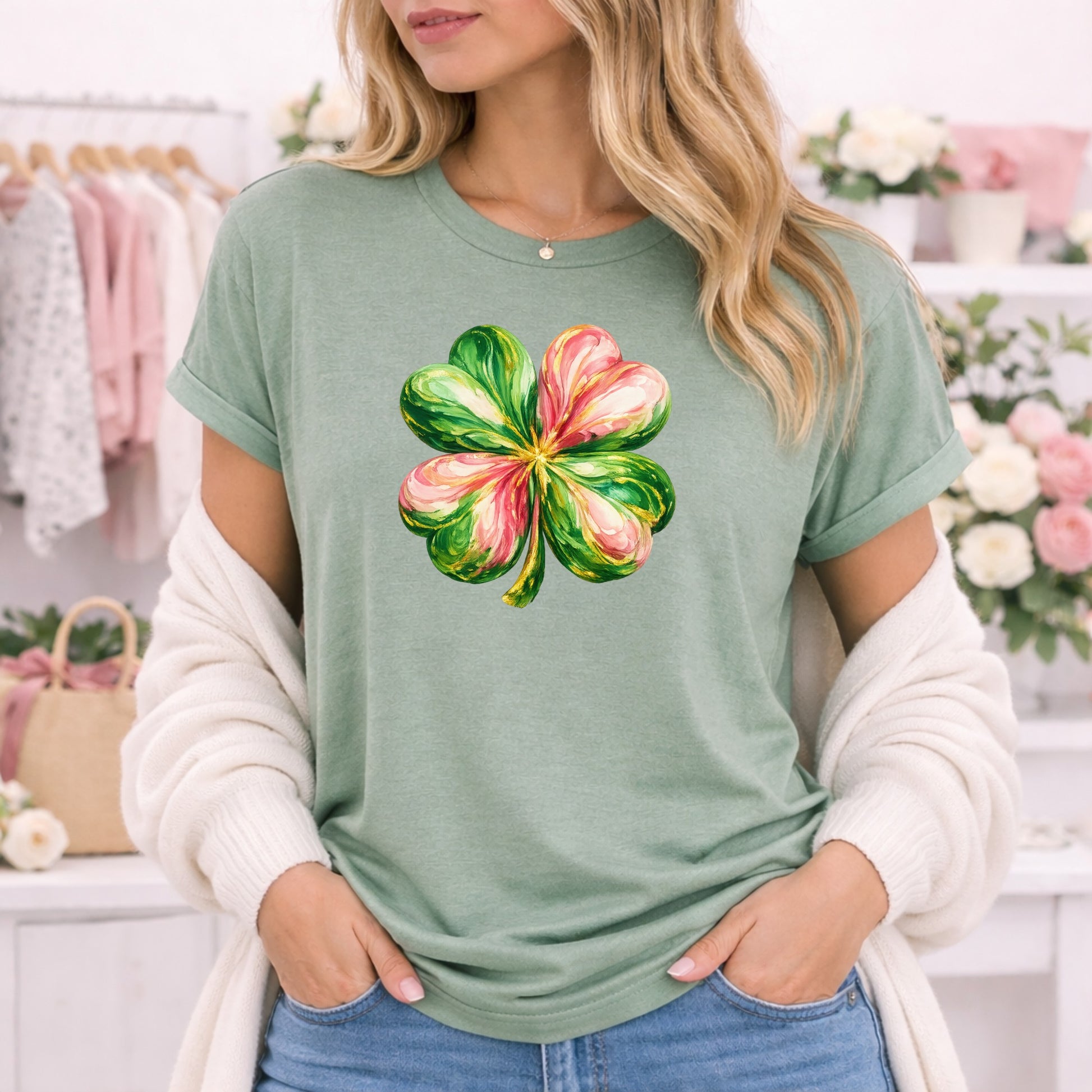 Stylish Green Tee with Colorful Clover Print T-shirt